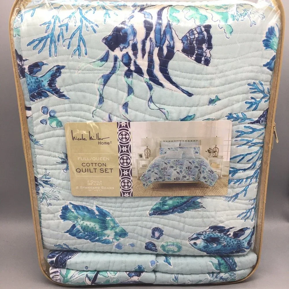 3 pc Nicole Miller Ocean FULL QUEEN Quilt Sham Set Tropical Fish Seashell Blue